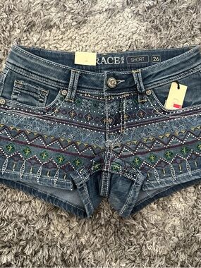 Grace in LA Embroidered Blue Denim Jean Shorts